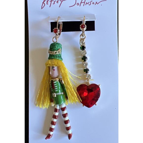 Betsey Johnson Green Gold Whimsical Nutcracker Boy Mismatch Earrings Xmas NEW - Picture 1 of 3